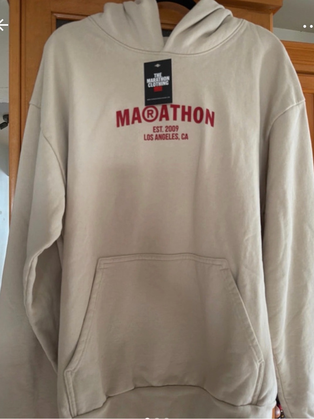 The Marathon Clothing Beige Hoodie with Red Marathon Logo